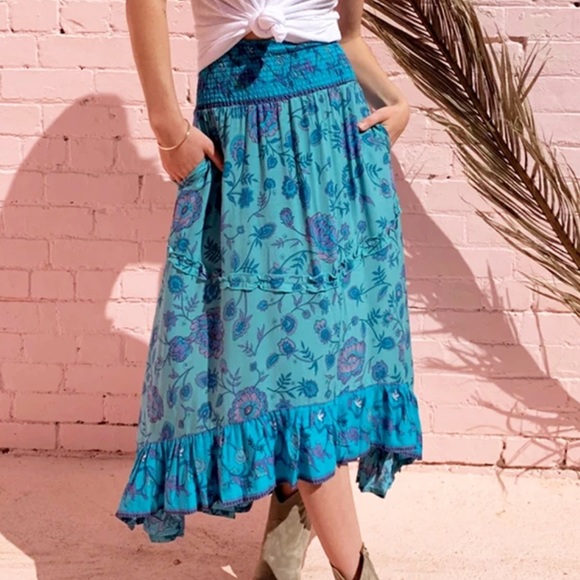 Dresses & Skirts - Boho Floral Gypsy Print Maxi Skirt Blue Ruffle